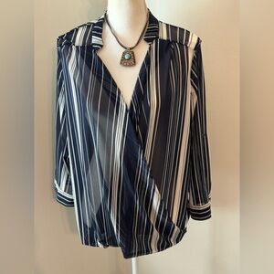Eden & Olivia Navy and White Striped Surplice Blouse